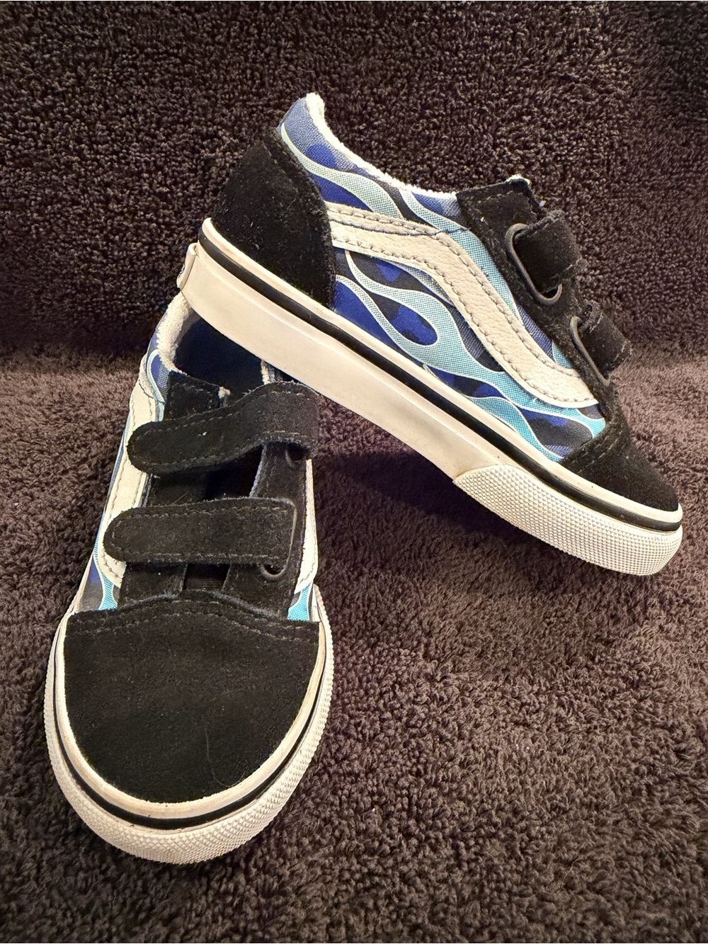Vans Kids Black with Blue Flame Velcro Sneakers